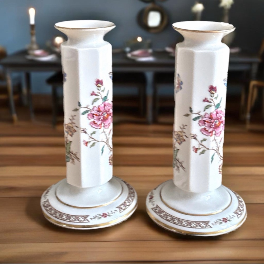 Gorham Secret Garden 80s 6.5 Inch Floral Porcelain Tapered Candle Stick Holders